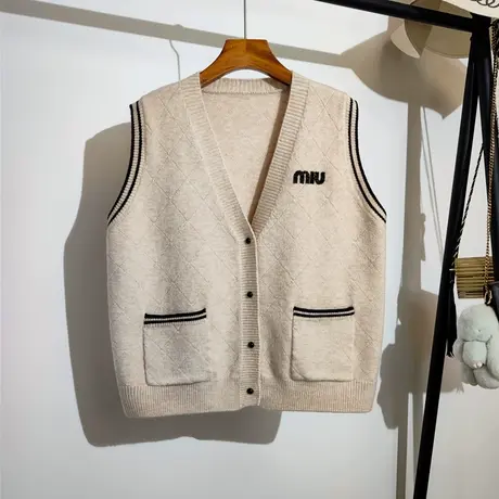 针织马甲开衫女春秋新款宽松v领慵懒风口袋无袖坎肩毛衣背心外套图片