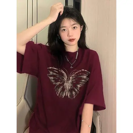 纯棉重磅蝴蝶印花短袖t恤女2024新款爆款夏季宽松半袖酒红色上衣商品大图
