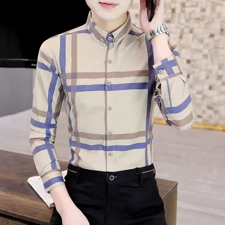 高级感格子长袖衬衫男士春秋季潮流韩版免烫男装休闲港风条纹衬衣商品大图