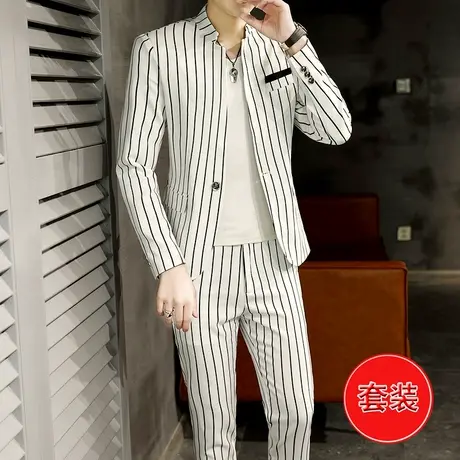 男士休闲条纹中山装外套中国风潮流西服发型师立领痞帅西装一套装商品大图