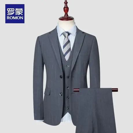 罗蒙条纹休闲西装套装男结婚新郎伴郎礼服西服男士修身面试三件套图片