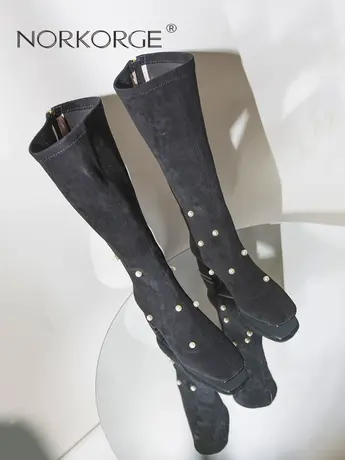 2023新款冬季复古黑色弹力瘦瘦靴高筒靴女方头粗跟高跟显瘦长筒靴商品大图