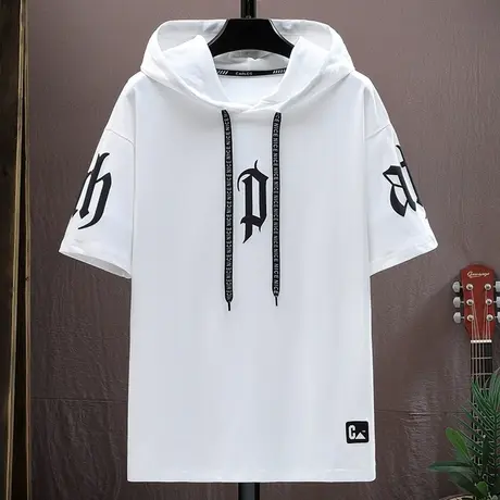 短袖连帽卫衣男款潮牌潮流休闲宽松半袖体恤男生青少年五分袖t恤商品大图