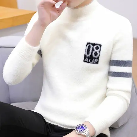 春秋季水貂绒毛衣男士半高领潮流针织打底衫加绒加厚保暖秋装上衣商品大图