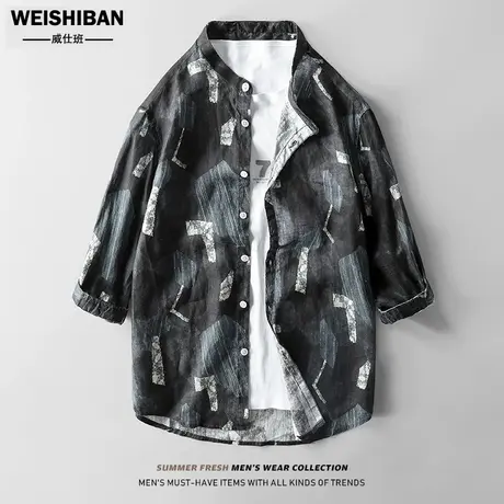 夏季七分袖衬衫男个性复古印花短袖亚麻衬衫男士宽松薄款麻料上衣商品大图