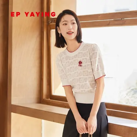 EP雅莹女装 优雅芝麻点提花冰丝短袖针织衫 2023新款9518A商品大图