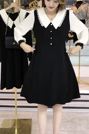 长袖娃娃领连衣裙女2022春季新款时尚气质收腰中长款A字打底裙子图片