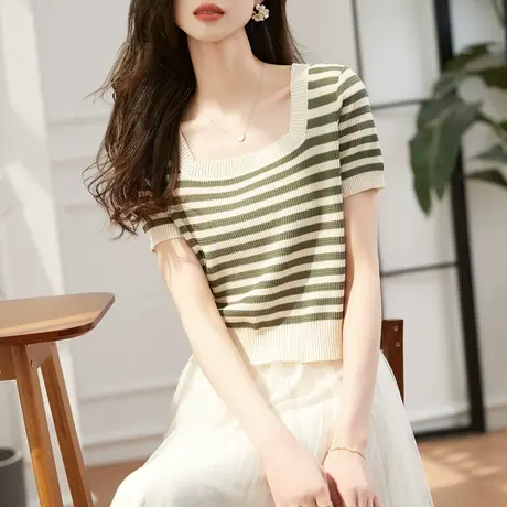 时尚气质显瘦短袖针织衫2023年夏季新款淑女温柔方领修身百搭上衣商品大图