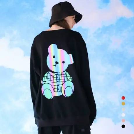 反光炸街小熊卫衣女2023秋冬新款圆领黑色ins潮情侣装大码学生服商品大图