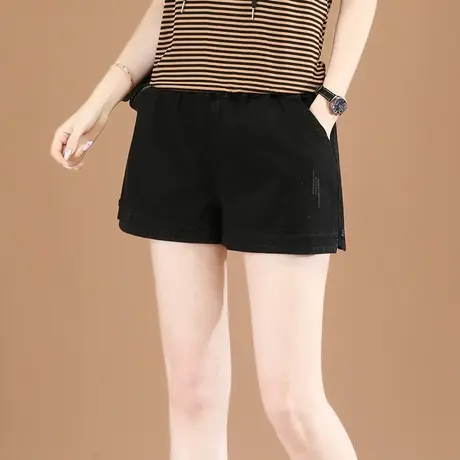 韩潮袭人松紧腰宽松黑色阔腿裤2023夏季新款休闲哈伦牛仔短裤女薄商品大图