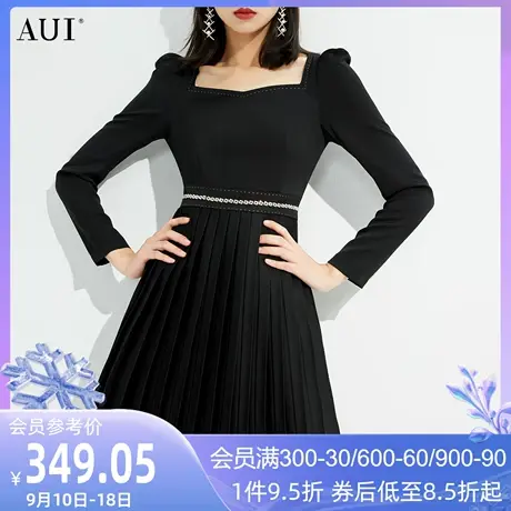 AUI法式复古黑色方领连衣裙女2023春秋新款小个子泡泡长袖百褶裙图片