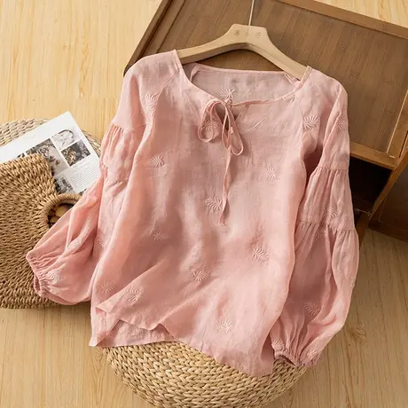 享永子刺绣宽松苎麻上衣女文艺复古设计感小众棉麻小衫2023新款夏商品大图