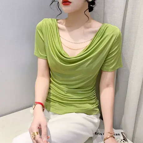 欧货设计感项链T恤女短袖夏季时尚褶皱低胸上衣纯色百搭显瘦小衫商品大图