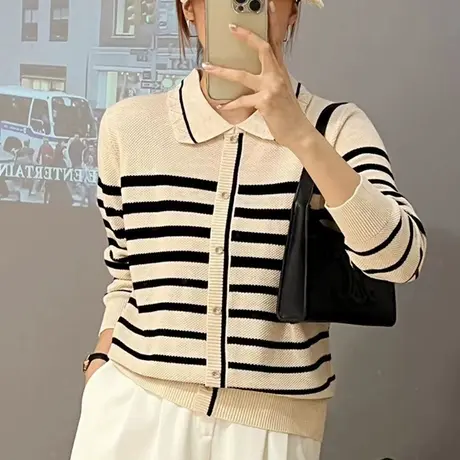 秋冬新款2023年娃娃领针织打底衫气质长袖条纹韩版宽松毛衣上衣商品大图