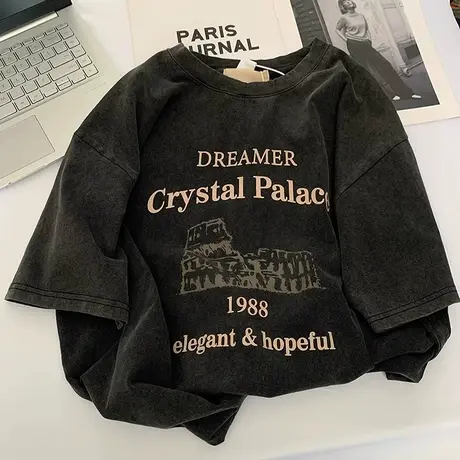 爆款美式复古做旧黑色短袖纯棉水洗黑t恤女夏设计oversize宽松潮图片