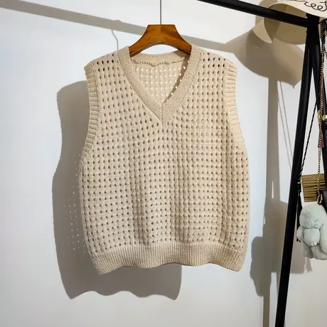 镂空针织背心马甲女叠穿早秋新款宽松v领套头无袖坎肩毛衣外搭潮商品大图