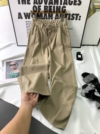 韩版腰头抽绳休闲裤女2023秋季新款显瘦百搭高腰阔腿裤bf宽松长裤图片