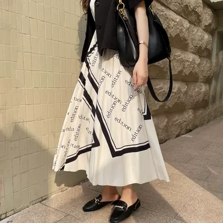 高级感字母垂感百褶裙女2022春夏新款欧洲站高端a字长款半身裙子图片