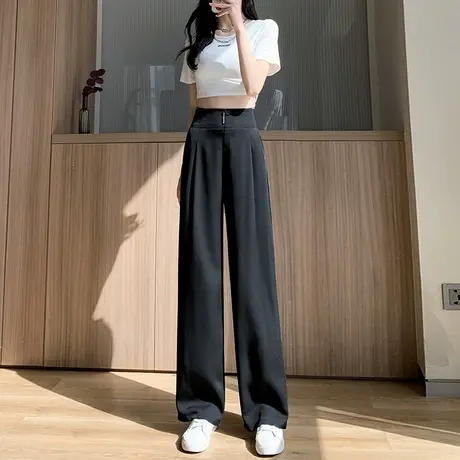 黑色阔腿裤女春秋裤子2023年新款窄版直筒裤小个子高腰垂感休闲裤商品大图
