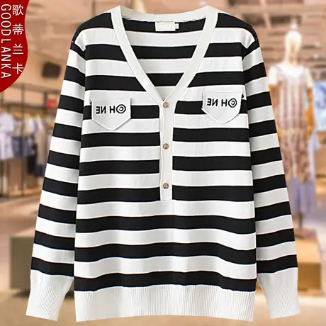 加肥加大码针织衫女宽松200斤洋气时尚40岁妈妈春秋长袖条纹上衣商品大图