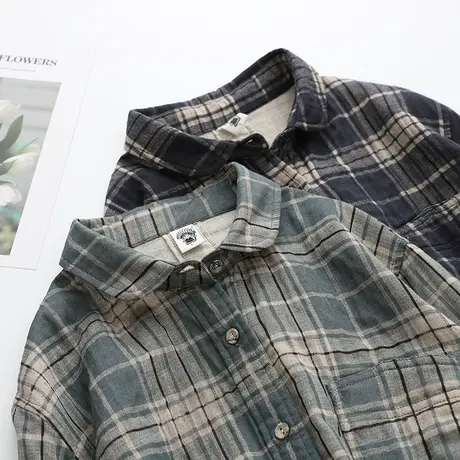 2021春秋新款通勤纯棉双层纱加厚大格子衬衫女士休闲格纹打底衬衣图片