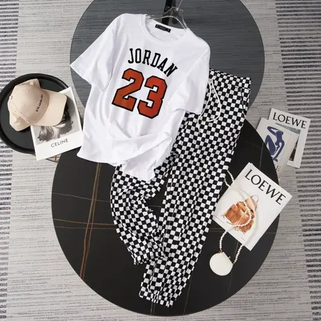 纯棉运动服套装女2023新款夏季宽松时尚短袖长裤小个子休闲两件套商品大图