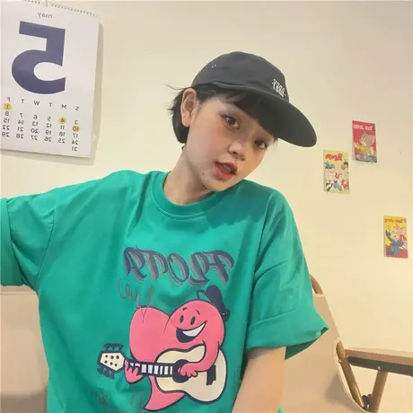 红续原创设计韩版卡通印花纯棉宽松短袖T恤女夏季小个子纯棉上衣商品大图