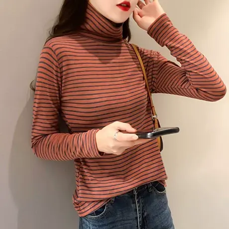 高领条纹打底衫女薄款2023新款秋冬长袖T恤修身洋气内搭洋气上衣图片