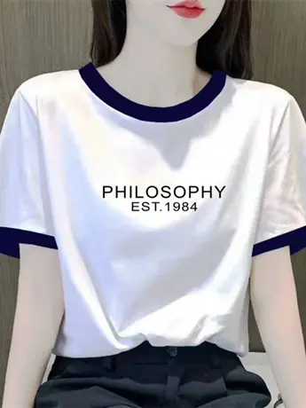 白色仿棉短袖t恤女2023新款夏季小众设计感女装洋气遮肉显瘦上衣商品大图