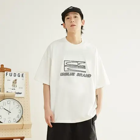 300g重磅纯棉面料日系夏季半袖大字母刺绣宽松纯色短袖T恤男商品大图