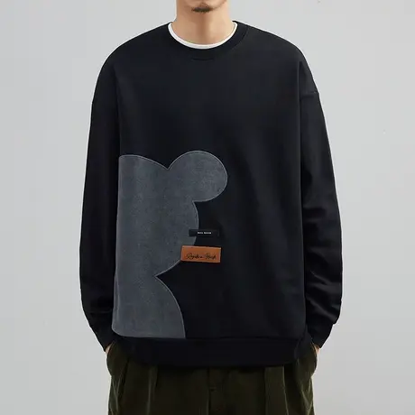 小熊拼接黑色圆领男士卫衣2022春秋季微宽松潮流休闲韩版百搭衣服商品大图