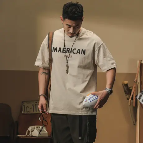 美式印花短袖重磅水洗夏季薄款宽松圆领休闲上衣男士百搭潮流男装商品大图