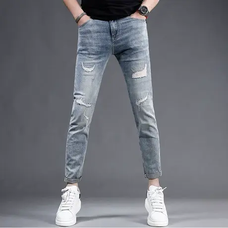 破洞补丁牛仔裤男款修身小脚裤夏季薄款2023新款爆款弹力男士裤子商品大图