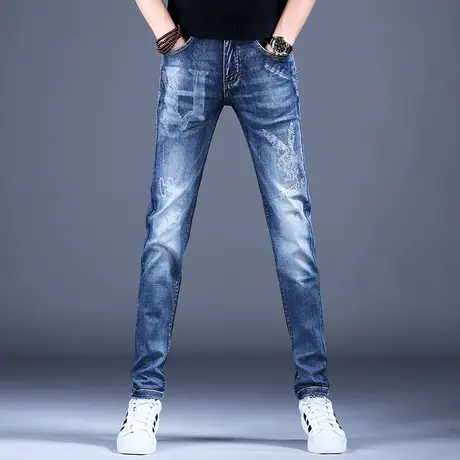 男士烫钻印花牛仔裤男款秋款薄款轻奢潮牌2023新款裤子男休闲高端商品大图