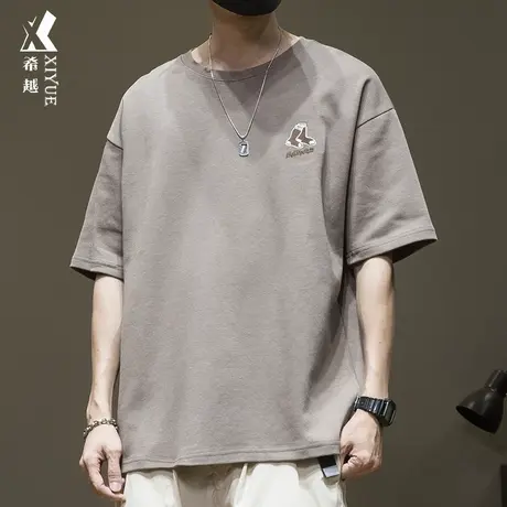 希越300g重磅水洗短袖t恤男袜子刺绣大码五分袖体恤夏季宽松男装商品大图