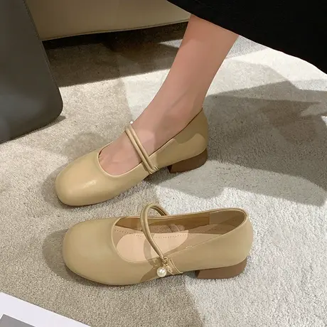 复古豆豆鞋女夏2023新款粗跟珍珠浅口配裙子孕妇防滑百搭洋气女鞋图片