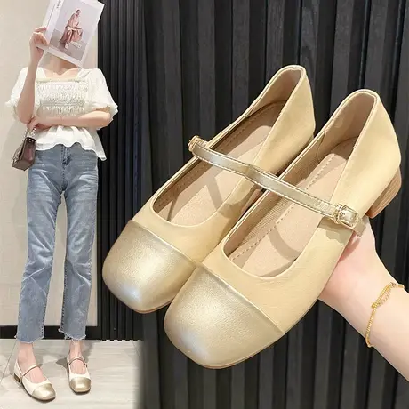 小香风单鞋女夏季配裙子晚晚风粗跟小皮鞋2023新款金色玛丽珍鞋子图片
