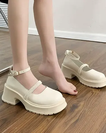 白色粗跟单鞋厚底小皮鞋女夏2023新款法式复古松糕配裙子玛丽珍鞋商品大图