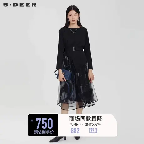sdeer圣迪奥女装圆领收腰印花网纱长袖连衣裙S231Z1263图片
