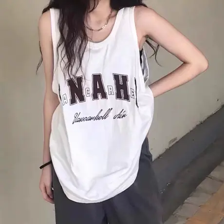 纯棉港风吊带运动坎肩背心无袖t恤女夏季设计感小众外穿宽松上衣图片