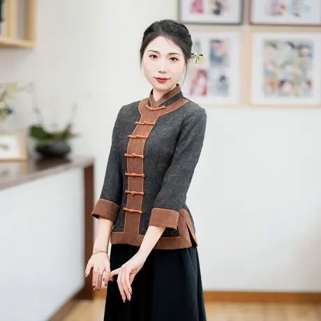 筠雅唐装中国风女装中式立领旗袍上衣2025新款复古收腰茶服24R603商品大图