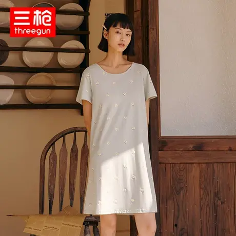 三枪短裙女士纯棉春夏透气水柔棉清爽薄款短袖中裙圆领家居服睡衣商品大图