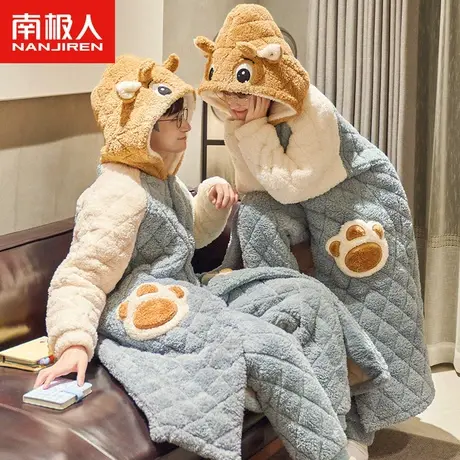 南极人情侣睡衣女冬季珊瑚绒三层夹棉加厚睡袍法兰绒家居服男套装图片