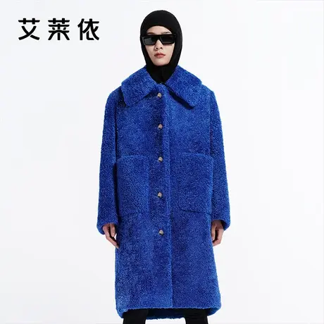 艾莱依中长款大衣女装秋冬新款宽松大码仿羊羔绒毛呢翻领设计外套图片