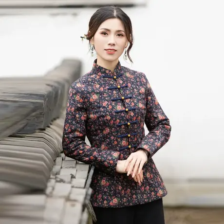 筠雅唐装小棉袄女冬季新款民族风旗袍上衣加厚碎花显瘦女装23J627商品大图