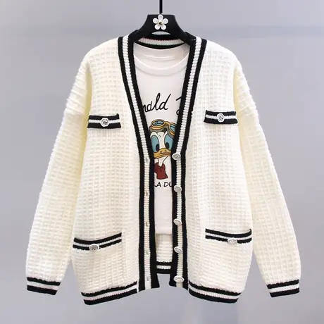 V领针织开衫2023早春新款宽松学院风设计感小众软糯减龄毛衣外套图片