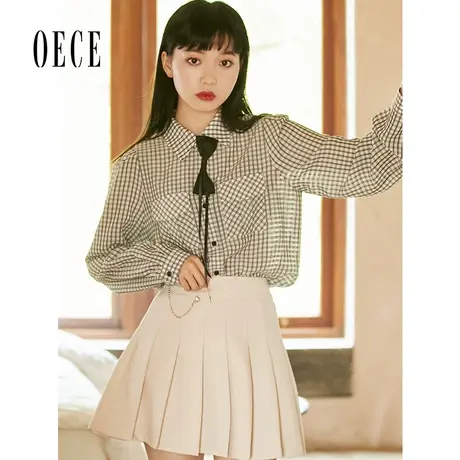 Oece复古格子上衣春秋新款女设计感气质衬衣长袖衬衫图片