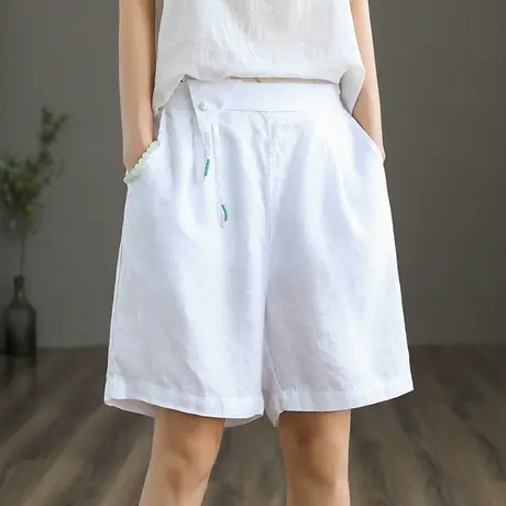 dza 亚麻短裤2022新款女士薄款休闲裤白色棉麻裤子夏季宽松阔腿裤图片