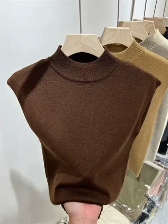 法式纯色飞飞袖针织衫半高领修身内搭小衫女2023秋螺纹无袖打底衫图片