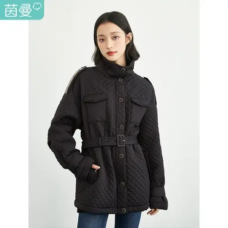 茵曼休闲立领棉服外套女2023年冬季简约腰带收腰显瘦短款长袖棉衣图片